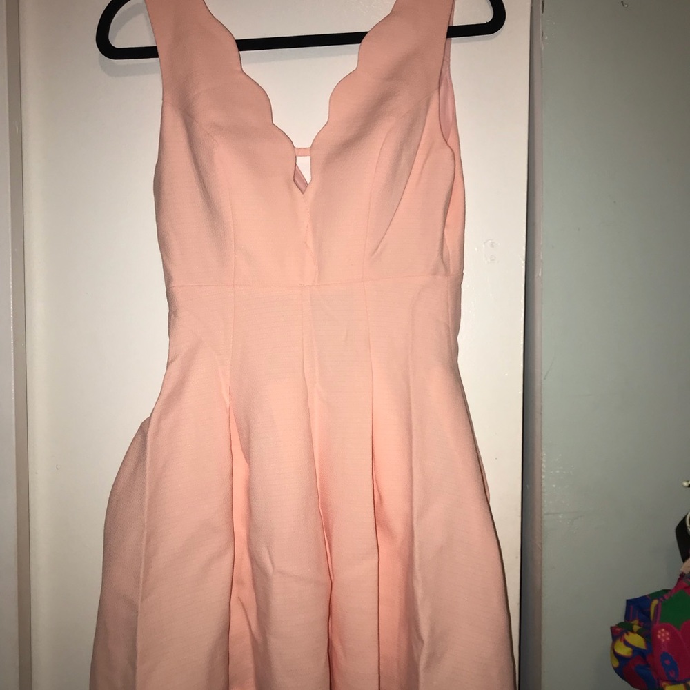 light pink/peach scalloped neck mini dress